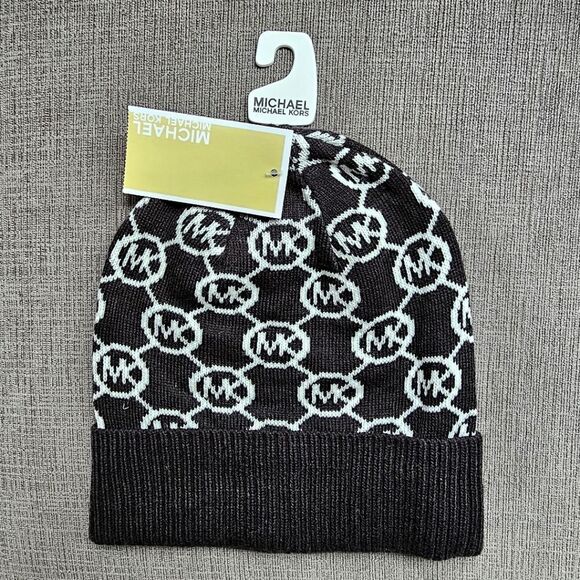 Michael Kors Accessories - Michael Kors Women`s Bordered MK Logo Cuff Beanie HAT Black & white NWT